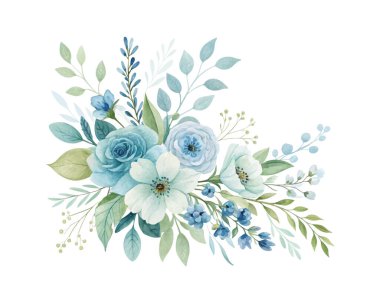 Grafik tasarımında, düğün davetiyelerinde, kartlarda ve dijital baskılarda çok yönlü kullanım için şeffaf bir arkaplan üzerinde renkli suluboya çiçeklerden oluşan sanatsal buket