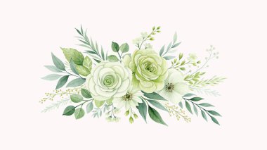 İçinde yeşil suluboya güller ve çiçek süslemeleri olan sanatsal düğün davetiyesi seti. Zarif ve romantik olay temaları için botanik şablon tasarımı ideal.