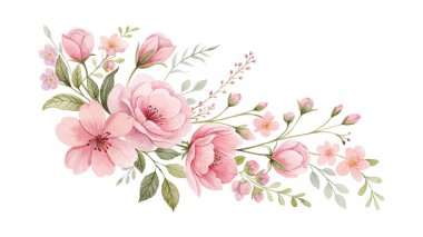 Beyaz arka planda romantik pembe suluboya düğün illüstrasyonları, zarif tomurcuklar ve kart, logo ve dekorasyonlar için yumuşak yaprak aksanları.