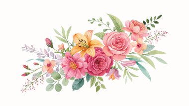 Turuncu ve beyaz çiçekli ve suluboya yeşil yapraklı tropik bahar çiçekleri. Elle boyanmış buket düzenleme düğün kartları ve mevsimlik dekorasyon için mükemmel.