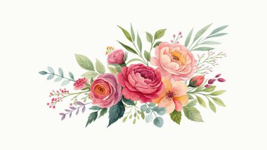 Beyaz arkaplanda bulunan suluboya pembe çiçekli kompozisyon, düğün davetiyeleri, botanik tasarımlar, tebrik kartları ve doğadan esinlenilmiş zarif dekorasyonlar için idealdir.