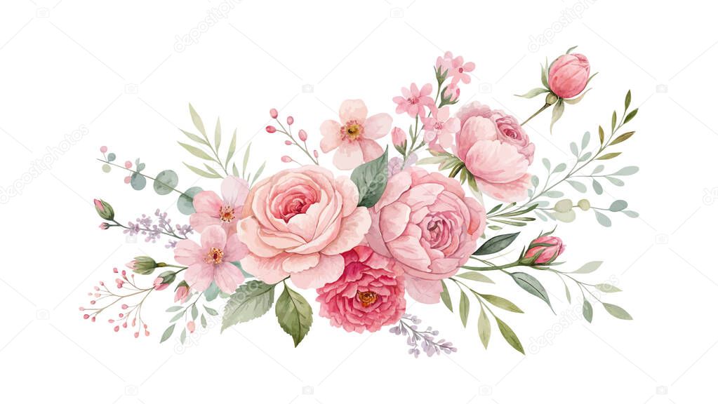 Charming pink watercolor floral wedding illustration on white background designed for elegant card designs, fabric prints, logos, and romantic event decorations