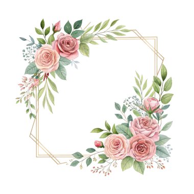 Çiçekler ve botanik elementler içeren dairesel şekilli suluboya çelenk çerçevesi, davetiyeler, dekorlar ve sanatsal çiçek projeleri için ideal