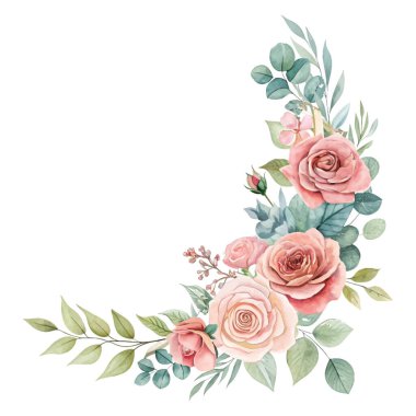 Canlı pembe, yeşil ve turuncu renkli suluboya çelenk tasarımı sanatsal düğün davetiyeleri, dekoratif projeler ve romantik olay tasarımı için mükemmel.