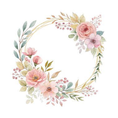 Yumuşak tonlarda suluboya çiçek çelengi, düğün davetiyeleri, tebrik kartları, dekoratif sınırlar ve botanik temalı sanat eserleri için ideal.