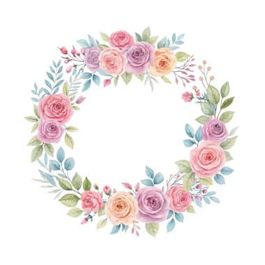 Şeftali gülleri ve mavi kır çiçekleri içeren suluboya çelenkler dairesel botanik çerçevede dizilmiş, romantik düğün davetiyeleri ve zarif dekoratif kullanım için ideal