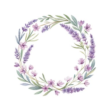 Elle boyanmış suluboya çelenkler kır çiçekleri ve çayır çiçekleri yuvarlak bir çerçeve oluşturuyor, doğa temalı davetiyeler, dekorlar ve sanatsal tasarımlar için mükemmel.