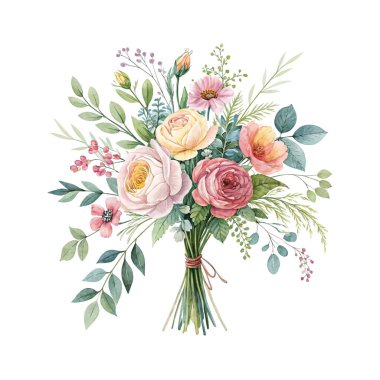 Düğün ve çiçek tasarımı için beyaz arka planda izole edilmiş, suluboya tarzında, bahçe pembe şakayıkları, beyaz matthiola ve çingene desenli gelin buketi.