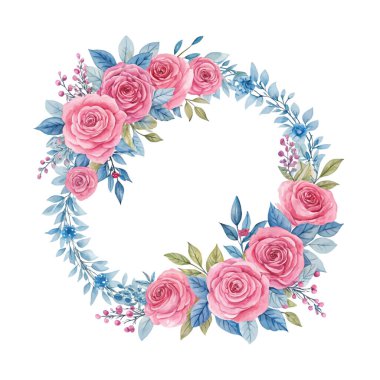 Zarif dairesel kompozisyonda yeşil yapraklı pembe suluboya çelenk romantik düğün davetiyeleri, tebrik kartları ve botanik tasarım projeleri için mükemmel.