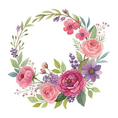 Yaz temalı suluboya çelenk, canlı çiçekler, doğal yapraklar ve dijital ve baskı tasarımı için mükemmel mevsimsel renkler.