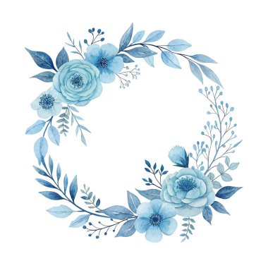 Zarif mavi suluboya çiçekli unutma beni çiçekleri ve yeşil yapraklar. Bahar tasarımları, davetiyeler, kartlar ve romantik dekoratif öğeler için ideal