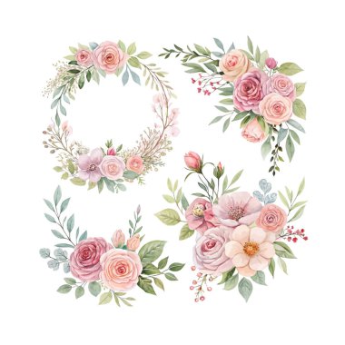 Çerçeveleri, çelenkleri, çelenkleri ve düğün kırtasiyeleri için sınırları olan yeşil, allık, mavi, sarı ve pembe çiçeklerden oluşan suluboya buket seti, selamlar, moda, posterler ve dekor