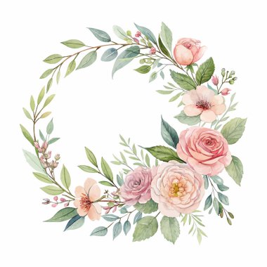 Pembe çiçekli, okaliptüs yeşili, tozlu güller ve allık şakayıklı romantik suluboya çizimi. Düğünler, davetiyeler, sınırlar, çerçeveler ve romantik kartlar için mükemmel