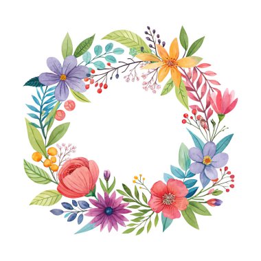 Doğal yapraklar ve çiçek dalları içeren el boyalı suluboya çerçeve, düğün davetiyeleri, kırtasiye malzemeleri, tebrik kartları ve mevsimsel arkaplan çizimi tasarımı için ideal