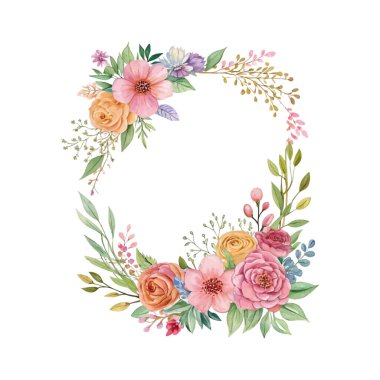 Suluboya yuvarlak çiçek çelengi pembe güller yeşil yapraklar ve botanik arka plan tasarımı düğün davetiyeleri klasik tebrik kartı veya romantik olay şablonu için