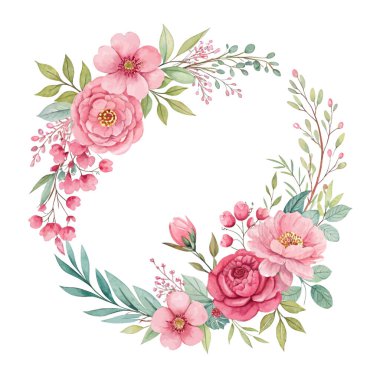 Çiçekli suluboya davetiye tasarımı pembe gül goncaları yeşil yapraklar düğün kartı ve dekoratif olay şablonu için romantik arka plan