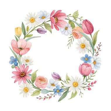 Bahar çiçekli çelenk kır çiçekleri güller ve suluboya dallar mevsimlik düğün kartları ve zarif dekoratif kullanım için mükemmel tasarım.