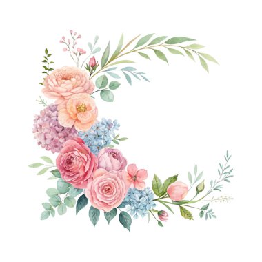 Güller, okaliptüs dalları ve mevsimlik botanikler içeren suluboya kış çiçekleri, beyaz arka planda elle boyanmış, bayram dekorasyonu, tebrik kartları ve mevsimlik tasarımlar için ideal.