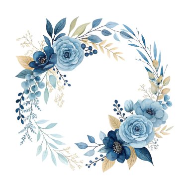 Çiçeklerden, yapraklardan ve çivit mavisi renkli meyvelerden oluşan suluboya çelenkler zarif kırtasiye malzemeleri, mevsimlik dekorlar ve botanik çiçek tasarımı projeleri için elle boyanmış.