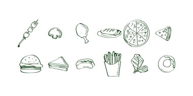 Çeşitli atıştırmalıklar, yemekler, meyveler ve içecekler de dahil olmak üzere karalama tarzı vektör illüstrasyonunda el çizimi yiyecek simgeleri menü ve mutfak tasarımı için mükemmeldir.