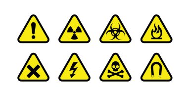 Çeşitli uyarı simgeleri içeren uyarı ve uyarı sembolleri vektör grafiği, endüstriyel işaretler, güvenlik rehberleri, kılavuzlar veya tehlike farkındalığı posterleri için idealdir