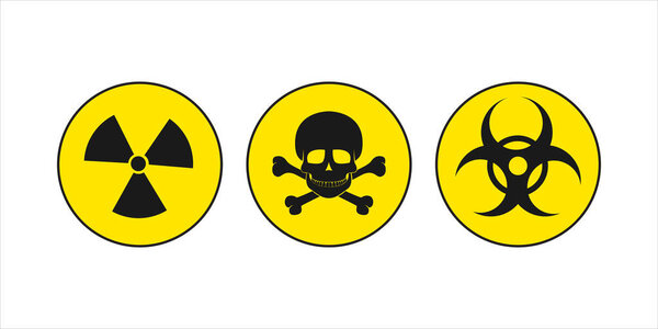 Набор предупреждающих знаков с биологической опасностью, радиацией и токсичными символами в ярких цветах, используемых для оповещения о безопасности в промышленных, медицинских и общественных условиях
