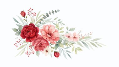 Yumuşak suluboya çiçekleri, botanik elementler, zarif çiçek açan dallar, düğün davetiyeleri ve tebrik kartı şablonları içeren güzel düzenlenmiş çiçek kompozisyonu