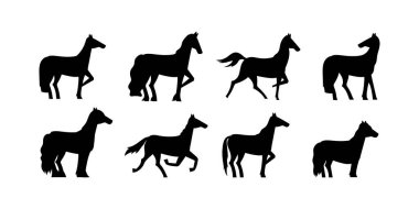 Farklı at cinsi siluetleri vektör formatında toplanıyor. Binicilik temaları, hayvan simgeleri, çiftlik çizimleri ve batı tarzı tasarımlar için uygundur.