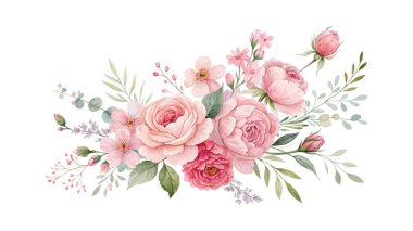 Beyaz zemin üzerinde pembe suluboya çiçek tasarımı botanik dekoratif unsurlar düğün kartları, kumaş desenleri ve zarif ve yumuşak logo kompozisyonları için mükemmel.