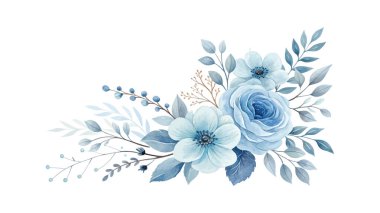 Yasemin çiçekleri, yapraklı yeşillik dalları ve düğün kırtasiyesi, davetiyeler, tebrik kartları ve tasarım dekorunun yer aldığı suluboya çiçek aranjmanı.