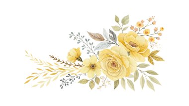 Nikah temaları, tebrik kartları ve sanatsal dekoratif amaçlar için ideal yapraklar ve soyut güller içeren Botanik suluboya kompozisyonu, zarafet ve doğal stili vurgulamak.