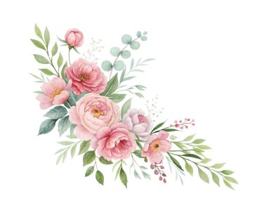 Beyaz arkaplanlı suluboya düğün çiçeği çizimi, tekstil kumaş desenleri ve romantik olay dekoru için mükemmel.