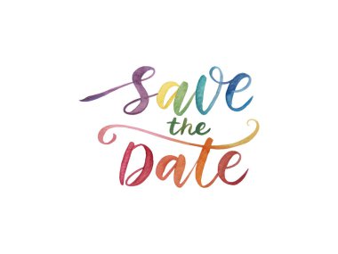 Beyaz arkaplana zarif boyanmış Tarih Kaydet metninin suluboya kaligrafisi, minimalist düğün davetiyeleri ve olay duyuru kartları için ideal