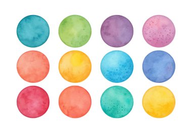 Soyut sanat ve görsel tasarım projeleri için kusursuz beyaz bir arkaplan üzerinde izole edilmiş renkli lekelerle boyanmış sanatsal suluboya şekiller.