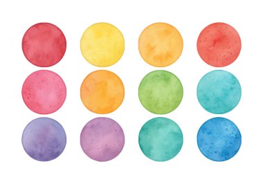 Şeffaf arkaplanda renkli mürekkep lekeleri olan suluboya daire şekilleri, dijital tasarımlar, sanat unsurları ve yaratıcı kompozisyonlar için mükemmel..