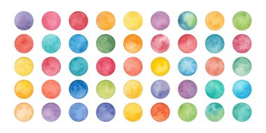 Yuvarlak daire şekillerinin suluboya koleksiyonu ve gökkuşağı renklerinde renkli lekeler soyut desenler, benekli arka planlar ve sanatsal görseller için ideal.