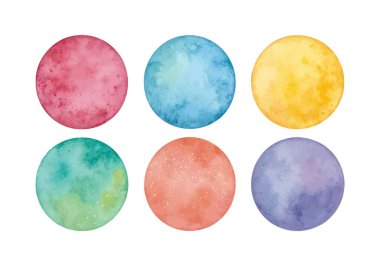 Beyaz zemin üzerinde canlı mürekkep lekeleri olan suluboya soyut dairesel şekiller, modern tasarımlar, şablonlar, sanatsal arka planlar ve yaratıcı projeler için ideal.