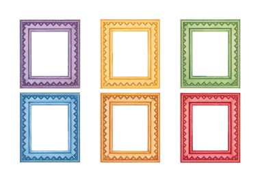 Beyaz zemin üzerine yumuşak pastel renklerle boyanmış sanatsal suluboya fotoğraf çerçeveleri koleksiyonu, fotoğraf dekorasyonu, hatıra defteri, davetiyeler ve dijital tasarım için mükemmel.