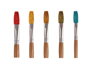 Renkli boya seçenekleri olan gerçekçi stil ahşap boya fırçası vektör çizimi. Şeffaf arkaplanda izole edilmiş, sanat, zanaat, tasarım ve çizim için mükemmel..