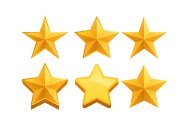 Derecelendirme sistemleri, oyun geribildirim, ödül görselleri, UI elementleri ve vektör illüstrasyonundaki kalite sıralama sistemleri için tasarlanmış 3D altın yıldızlardan oluşan gerçekçi bir koleksiyon