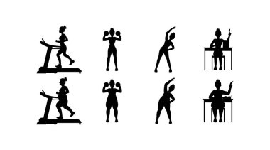 Vücut dönüşümünü, spor salonunun yaşam tarzını, kilo kaybını ve vücut geliştirme eğitimini gösteren çalışma bağlamında şişman ve zayıf insanlardan oluşan siluet simgesi.