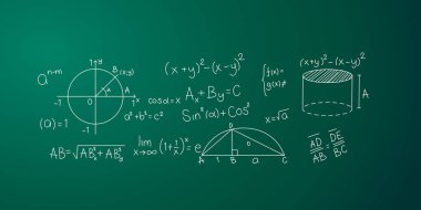 Matematiksel denklemler, geometri çizimleri, formüller ve okul, üniversite veya üniversite tasarımlarında kullanılan eğitimsel matematik içeriğinin vektör çizimi