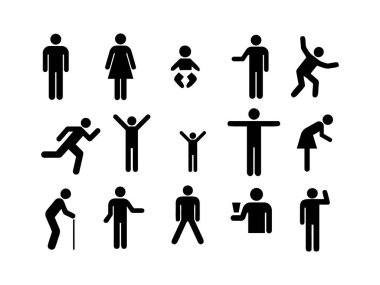 Vektör insan simgeleri ve resim siluetleri koleksiyonu. Infographic veya app için erkek, kadın, kalabalık, kullanıcı arayüzü profili, takım çalışması ve insan figürlerini içerir