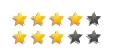 Kullanıcı geribildirim, değerlendirmeler, UI değerlendirmeleri ve web sitesi tasarım kullanımı için ideal, temiz bir arkaplan üzerine düzenlenmiş çeşitli biçim ve boyutlardaki derecelendirme yıldızlarının toplanması