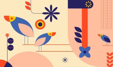 Modern orman temalı geometrik soyut şekiller ve doğayı birleştiren tasarım elementleri yaratıcı projeler için ilham verici renk kalıpları ve minimum sanatsal kompozisyon