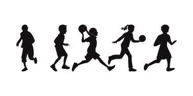 Atletik vektör çizimleri ve aktif yaşam tarzı tasarım projeleri için çeşitli spor aktivitelerine katılan çocukların enerji dolu siluet koleksiyonu