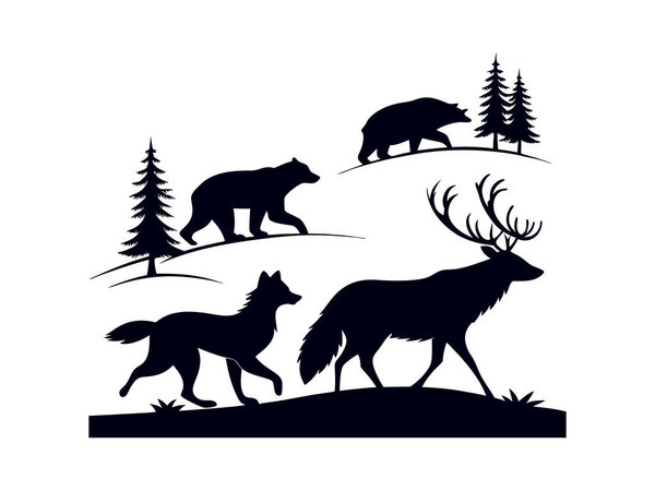 Векторная коллекция силуэтов млекопитающих северных стран, включая арктические виды дикой природы для концепций дизайна иллюстраций к животным