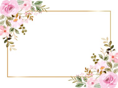 Suluboya resim tarzına sahip zarif pembe gül çerçevesi, davetiyeler, tebrik kartları, düğün kırtasiyesi, dekoratif kenarlar ve romantik botanik tasarımlar için mükemmel.