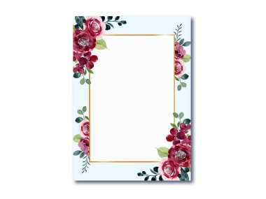 Zarif çiçek ve yapraklı suluboya çerçeve çizimi, düğün davetiyeleri, tebrik kartları, dekoratif sınırlar ve romantik botanik projeleri için mükemmel.