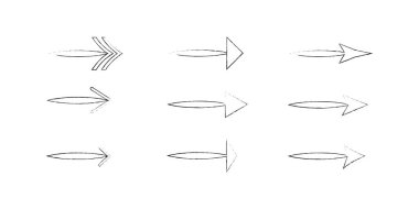 Siyah oklar vektör seti, grunge okları koleksiyonu, kaba taslak oklar, desenli ok simgeleri, el çizimi yön okları, fırça darbesi ok seti, mürekkep stili oklar